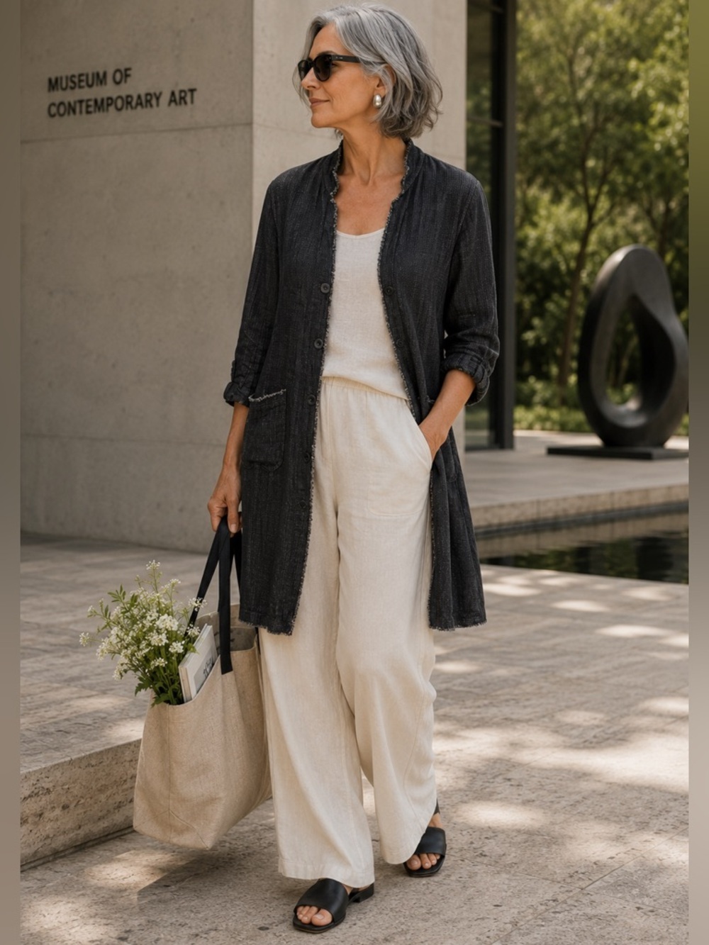 Eileen Fisher Gray Black Irish Linen Raw Hem Midi Jacket Sz XS